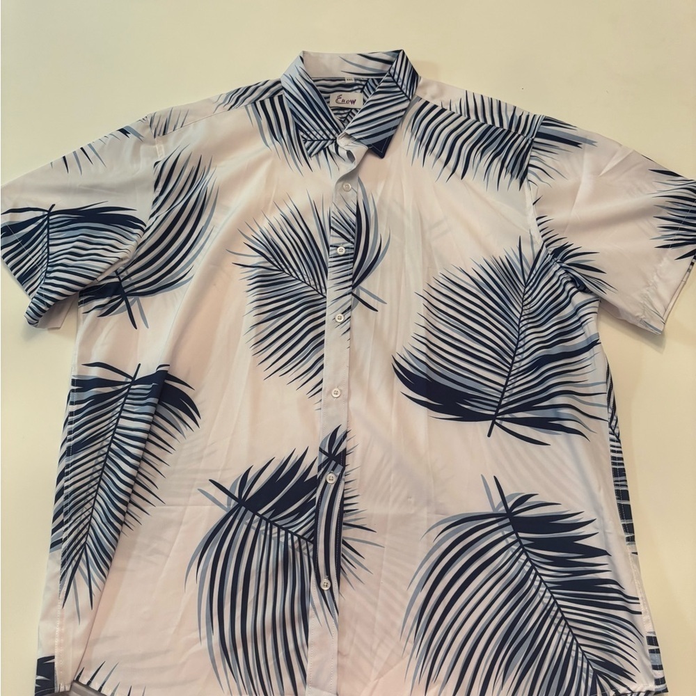 Men's White and Blue Palm Print Shirt